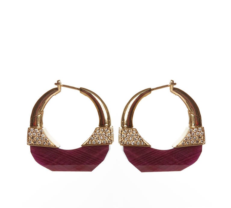 Hand Carved Ruby Hoop Earrings Set in 18k Yellow Gold With Diamond Pave
Ruby 52 ct. Diamond 0.46 ctw.