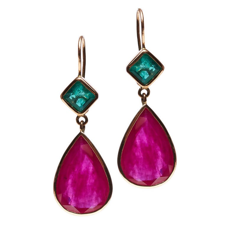 Jade Jagger Ruby Emerald Gold Harlequin Drop Earrings at 1stDibs