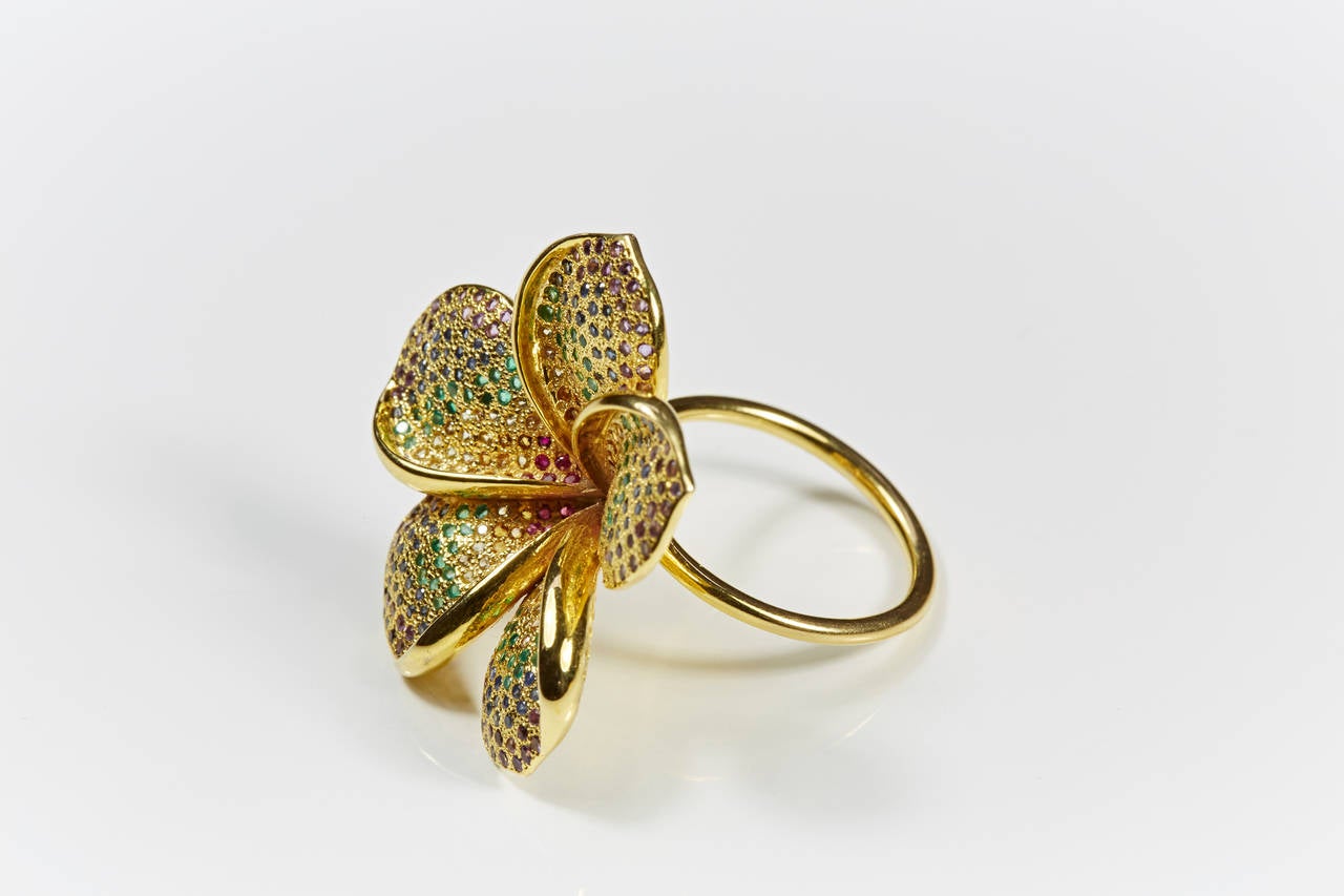 Open Flower Ring. Gold Vermeil with Multi Stone Pave.