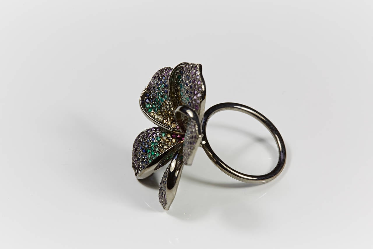 Open Flower Ring
Black Rhodium Plated Sterling Silver with Multi Stone Pave.