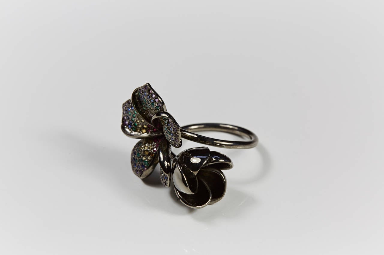 Twin Flower Ring
Black Rhodium Plated Sterling Silver with Multi Stone Pave.