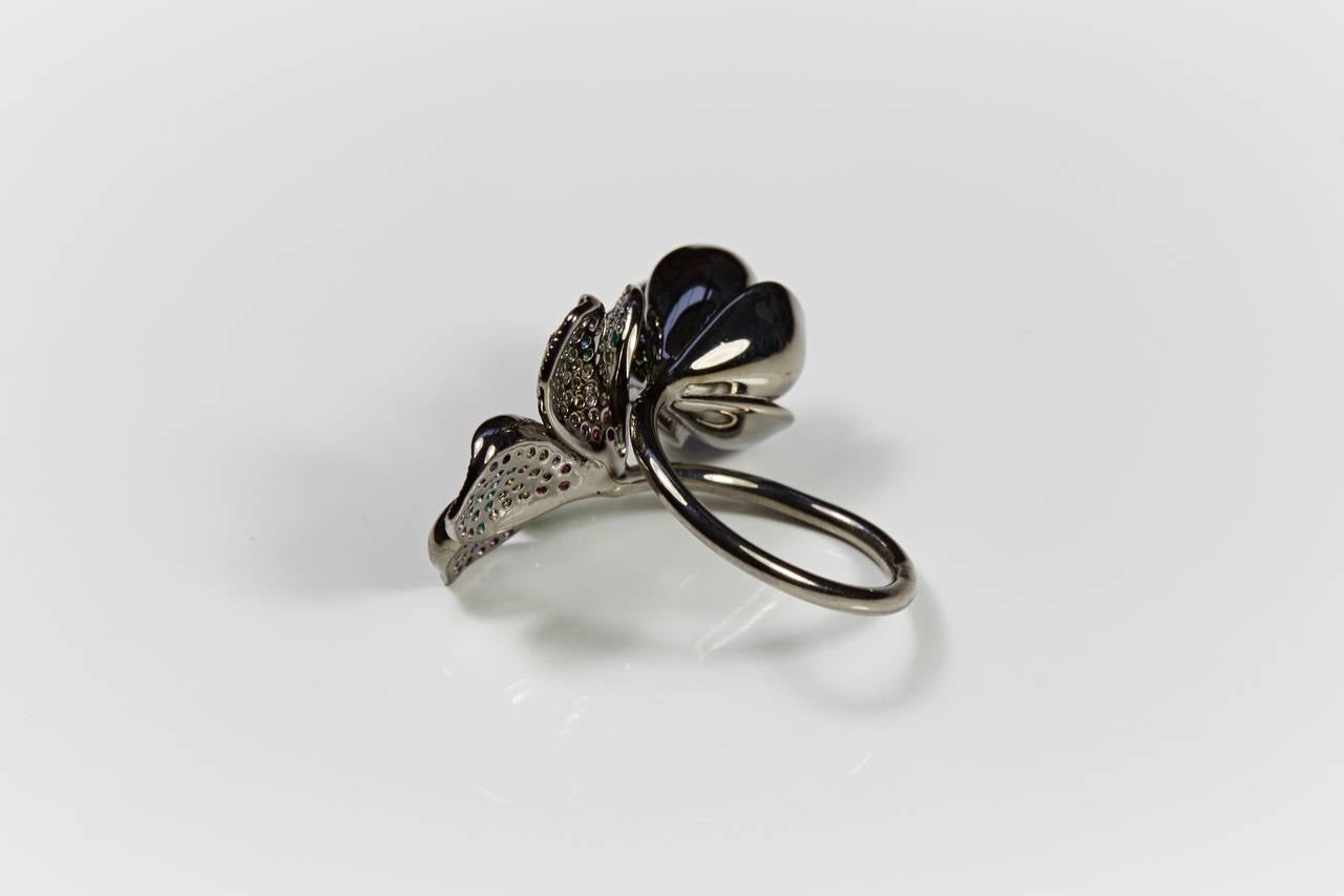 Art Deco Jade Jagger Black Rhodium & Stones Twin Flower Ring