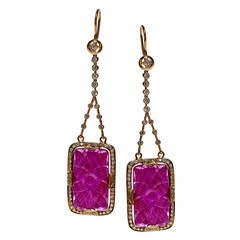 Jade Jagger Square Carved Ruby Drop Earrings with Diamond Surround