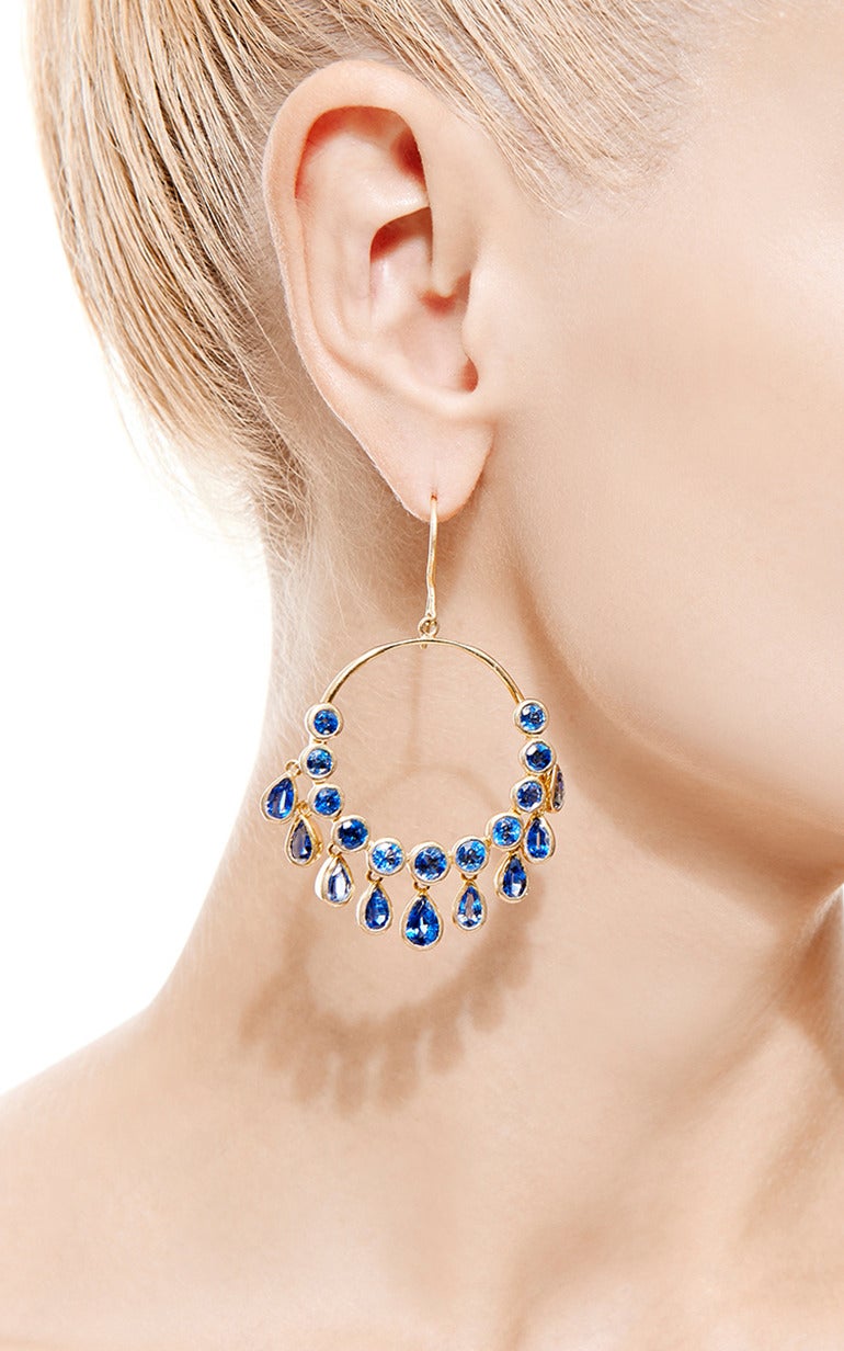 These earrings by Jade Jagger feature a row of encrusted and dangling kyanite stones fashioned in an 18K gold setting.

Fish hook closure
18K gold
Kyanite
Made in India