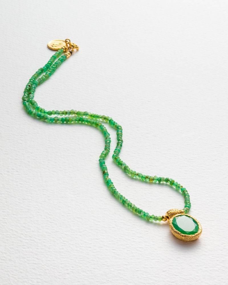 Maiden Chrysoprase Pendant with Chrysoprase Beads featured silver with gold vermeil.
From SS16 Maiden Collection.
Handmade in India