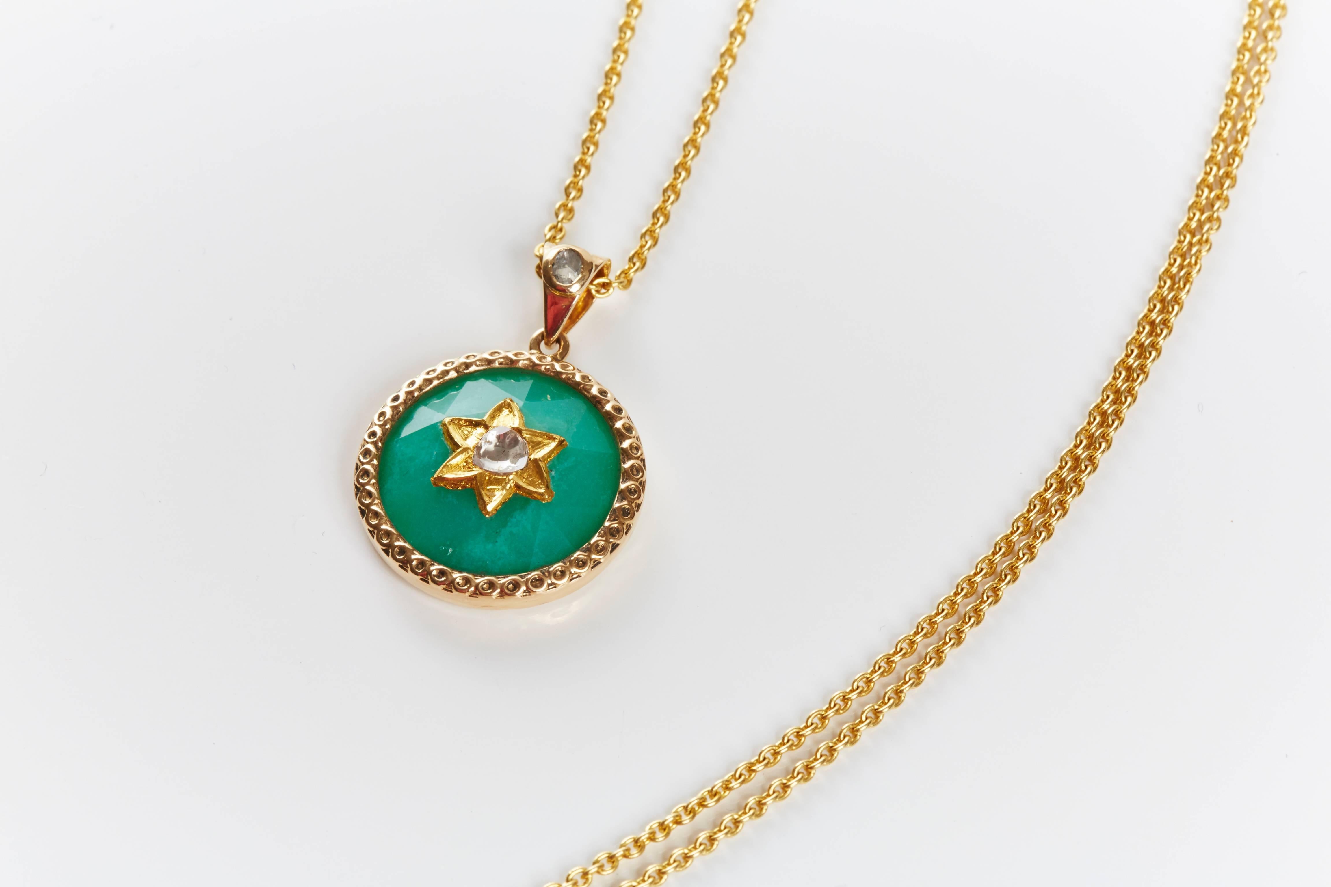 Jade Jagger chrysoprase polki diamond star pendant. Chain 20 inches. 18k yellow gold.
From the Jaipur Fine Jewellery Collection.
Handmade in Jaipur, India.
Chrysoprase 22 ct. 
Diamond 1.6 ct.