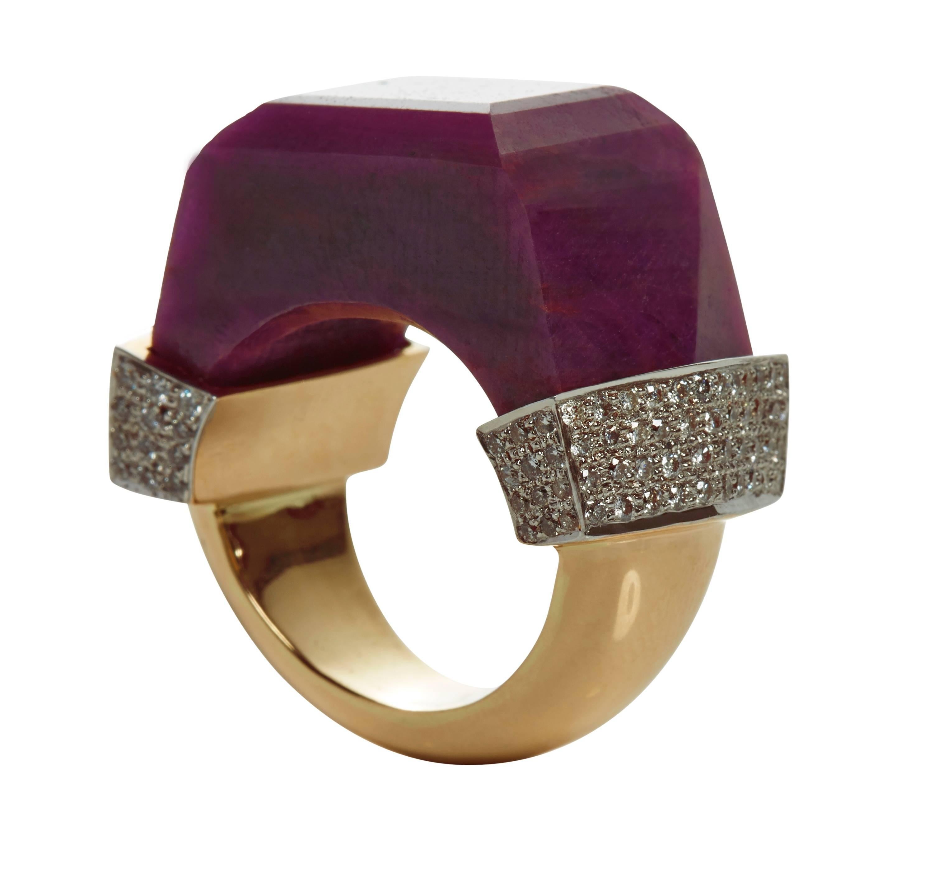 Jade Jagger NeverEnding Ruby Quartz and Diamond Pave Ring featuring 18k gold.
Size available in M/N (US 6.5).
From the NeverEnding Ruby Collection.
Handmade in Jaipur, India.
67.34 ct. Ruby
.45 ctw. Diamond