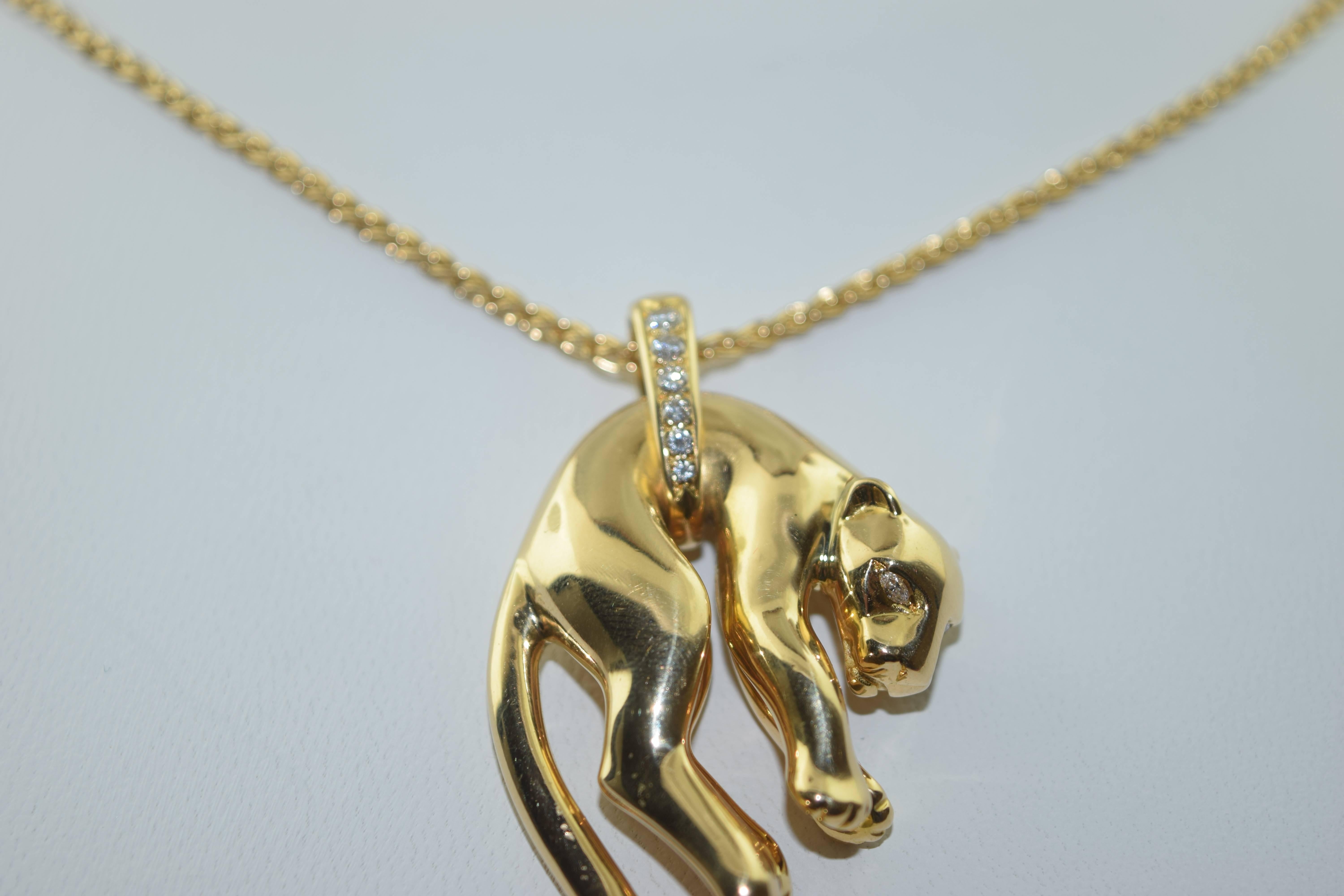 Women's or Men's Cartier Diamond Gold Panther Pendant Necklace  For Sale