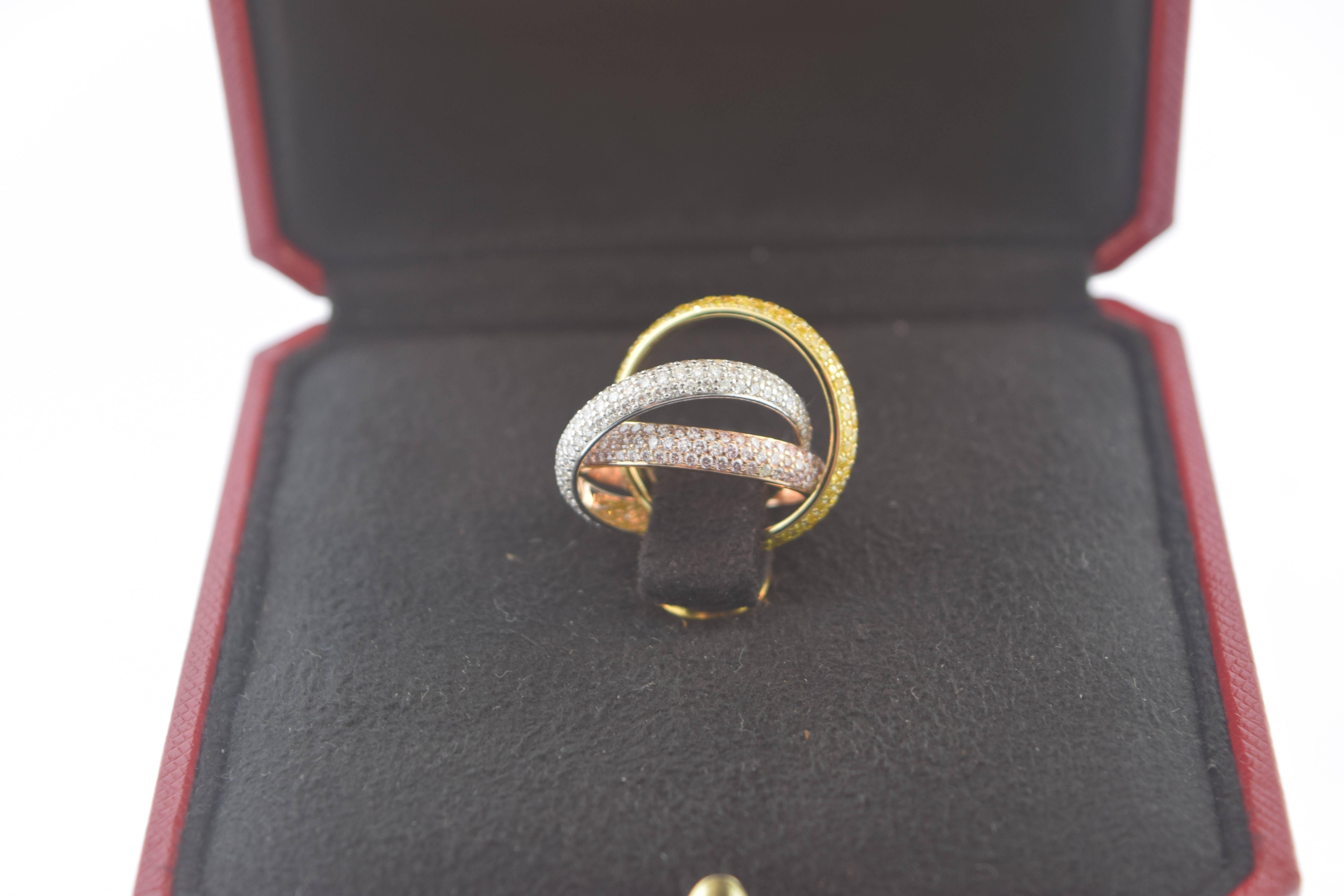 Cartier Yellow Pink and White Diamonds Gold Trinity Ring For Sale 3
