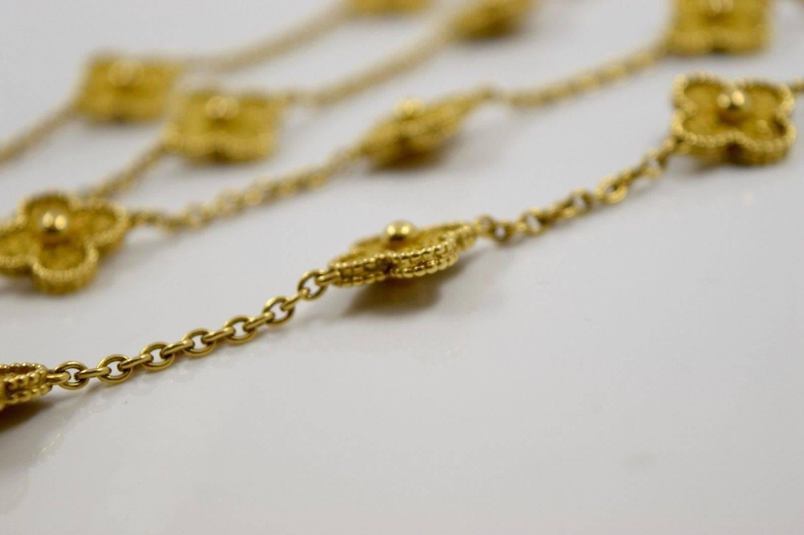 This classic long Van Cleef & Arpels necklace from the iconic Vintage Alhambra collection is crafted in 18k yellow gold and features 20 lucky clover motifs with round bead edges. Made in France circa 1980s.

Creator: Van Cleef & Arpels
Condition: