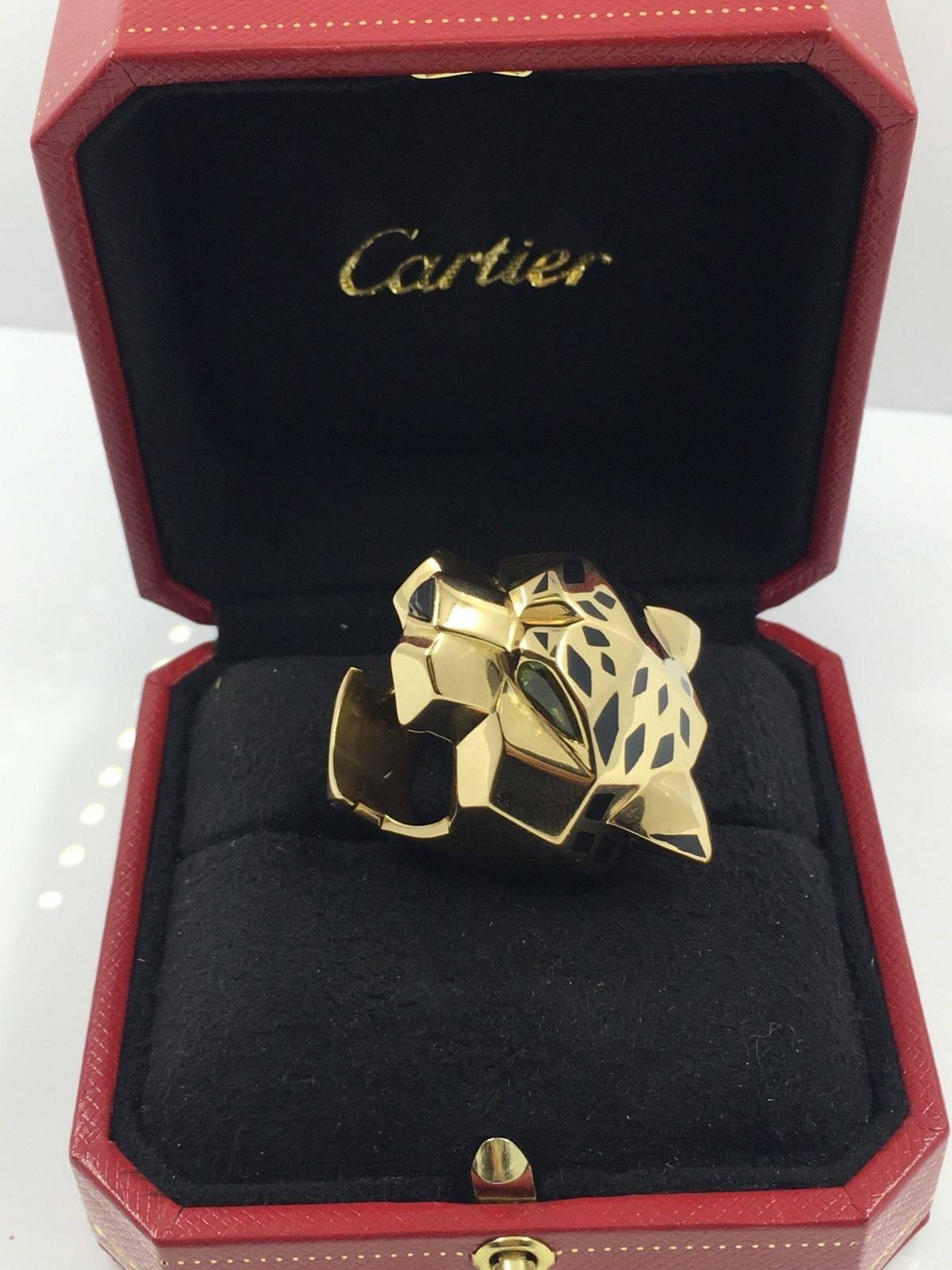 Cartier Lacquer Onyx Peridot Gold Large Panthere Ring For Sale 1