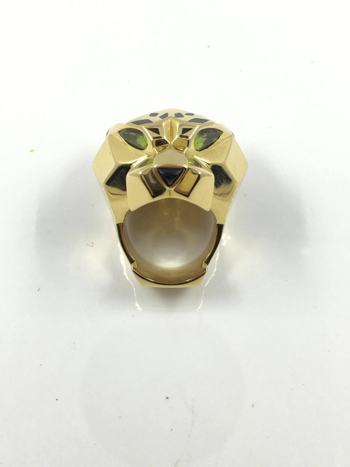 Women's or Men's Cartier Lacquer Onyx Peridot Gold Large Panthere Ring For Sale