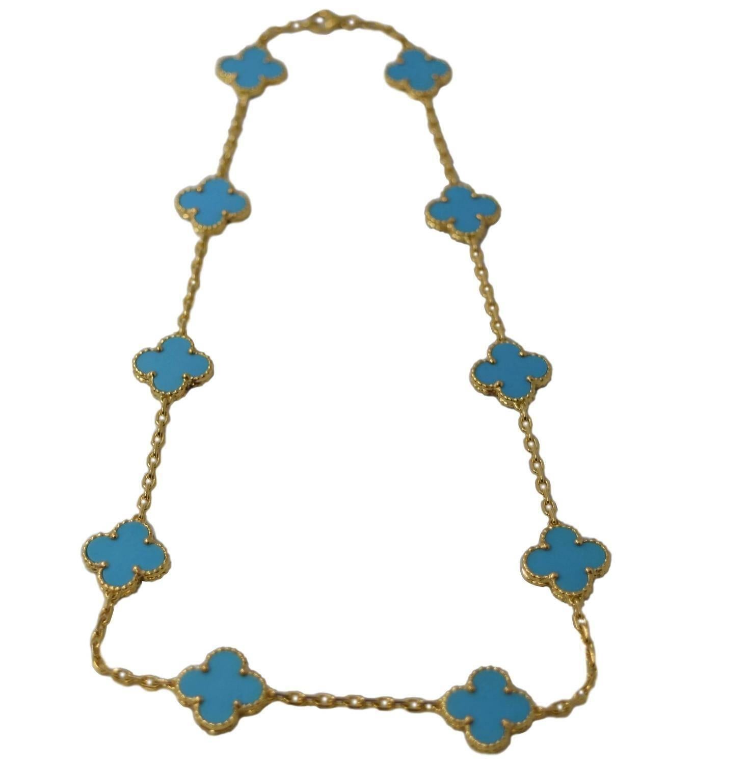 Van Cleef & Arpels Turquoise Gold 10 Motif Alhambra Necklace In New Condition In Miami, FL