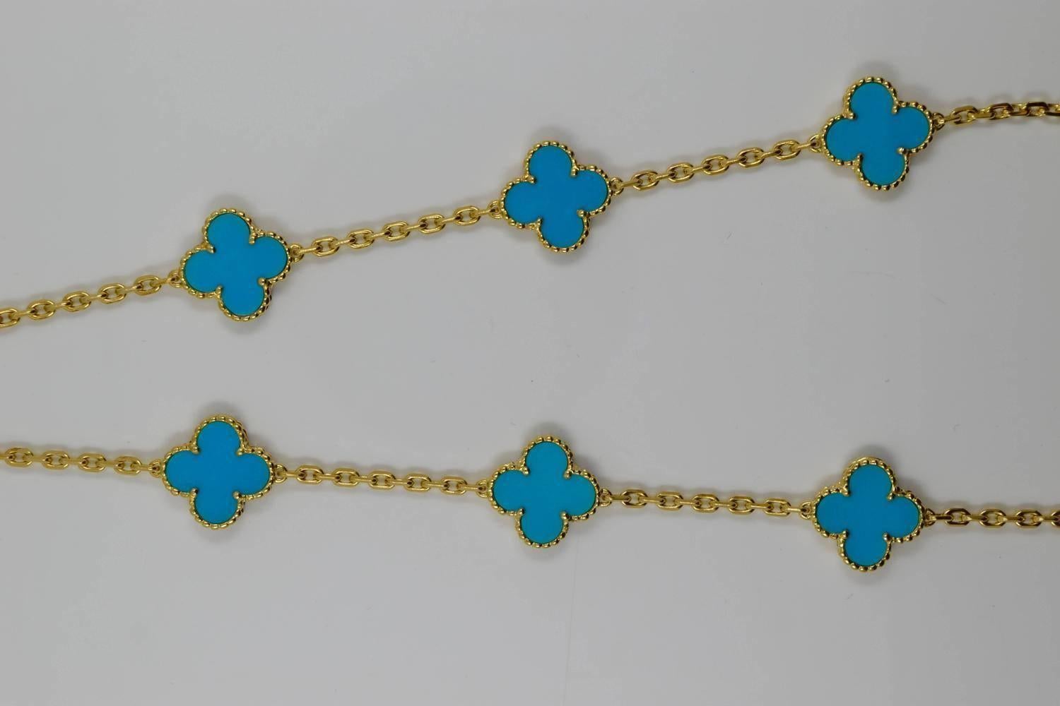 Van Cleef & Arpels Turquoise Motif Alhambra Necklace 18k

About the Item:
Faithful to the very first Alhambra jewel created in 1968, the Vintage Alhambra creations are distinguished by their unique, timeless elegance.
The Turquoise stones that