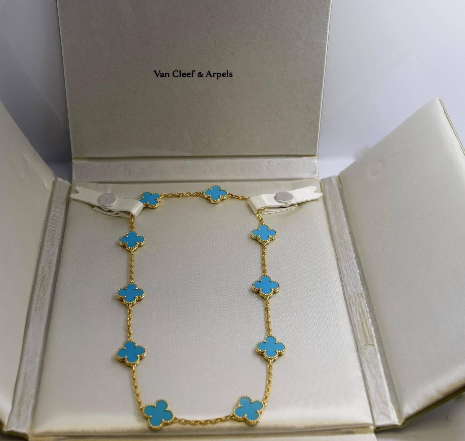 Women's or Men's Van Cleef & Arpels Turquoise Gold 10 Motif Alhambra Necklace