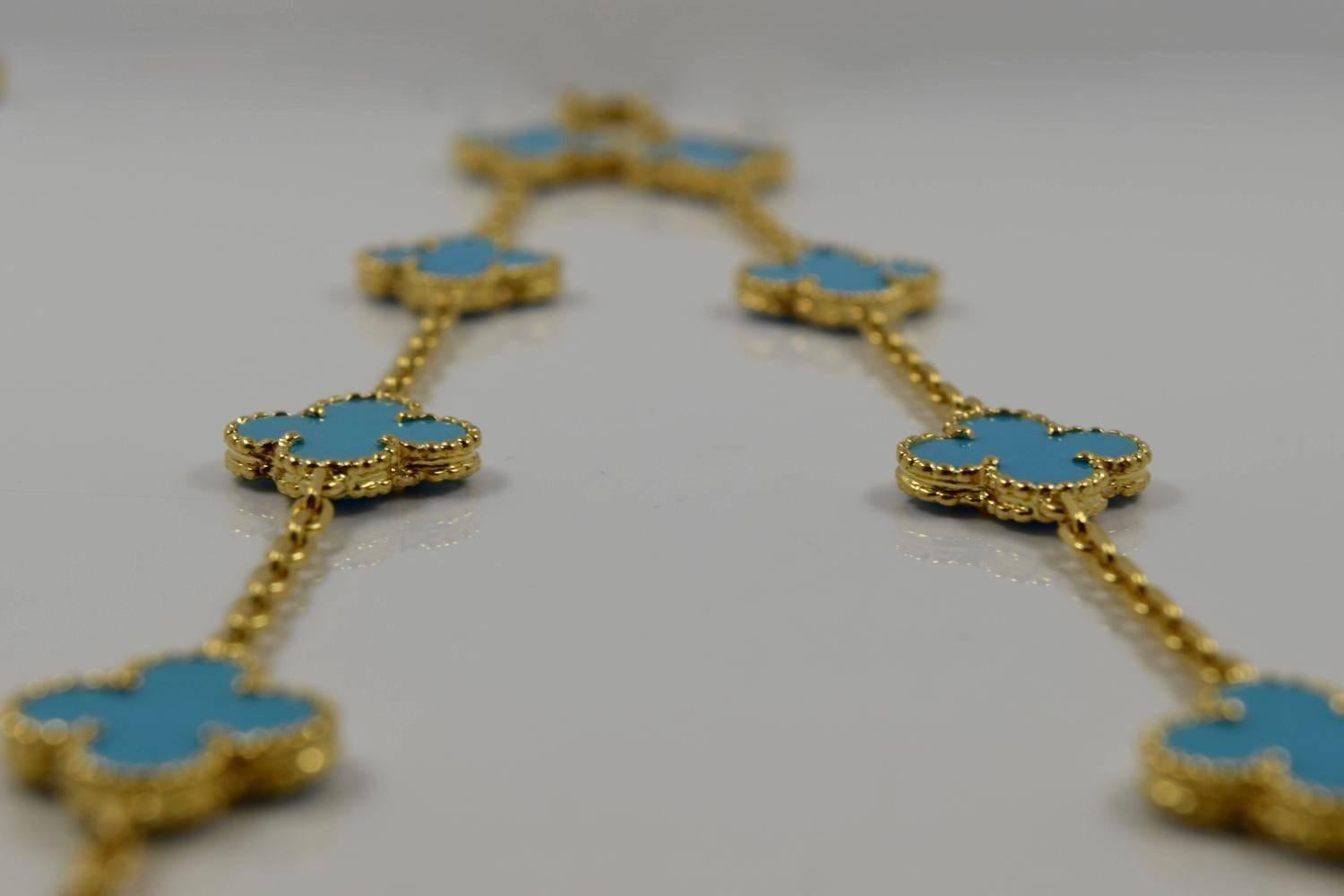 Van Cleef & Arpels Turquoise Gold 10 Motif Alhambra Necklace 2