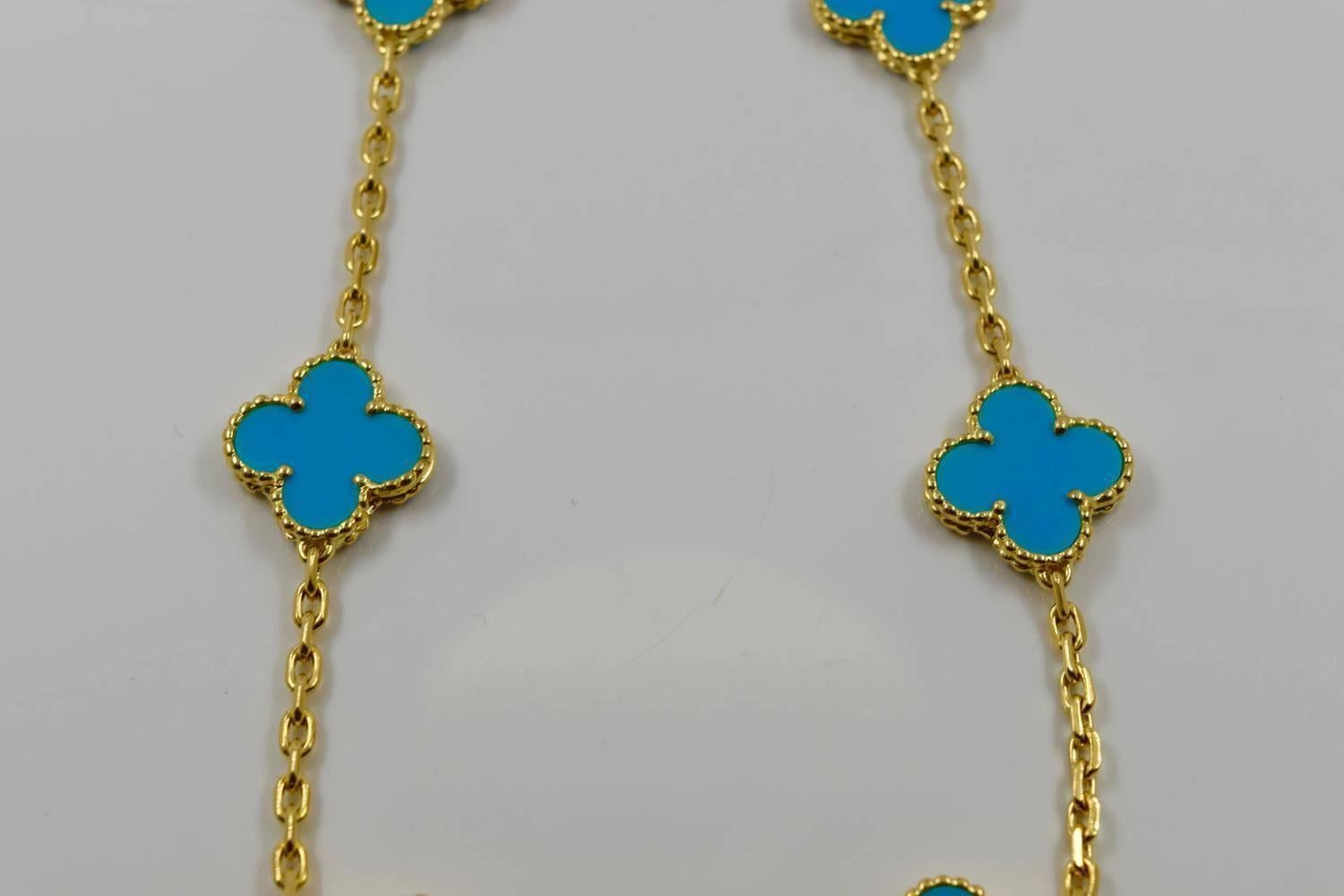 Van Cleef & Arpels Turquoise Gold 10 Motif Alhambra Necklace 1