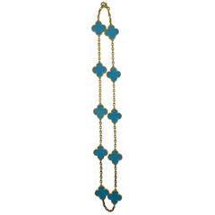 Van Cleef & Arpels Turquoise Gold 10 Motif Alhambra Necklace