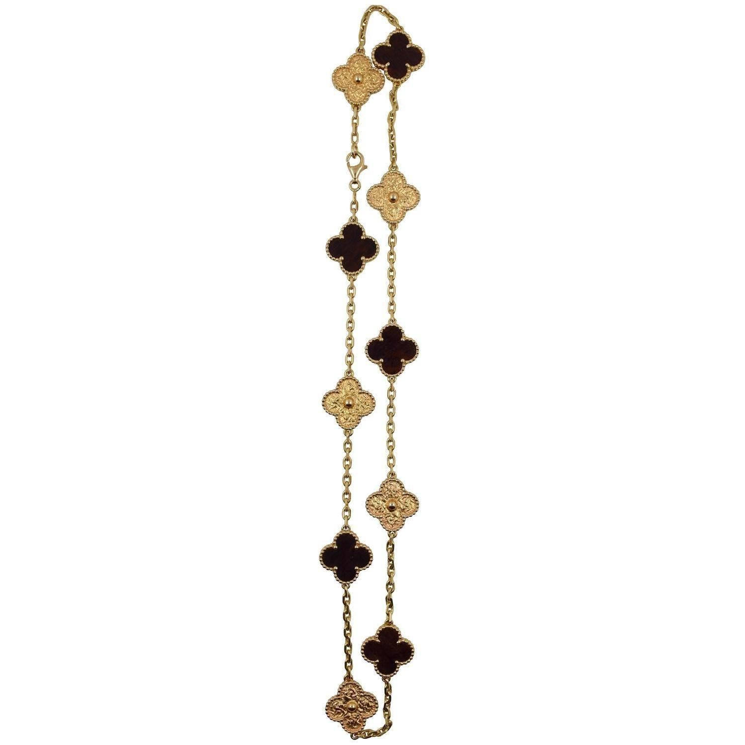 Van Cleef & Arpels Bois d'Amourette 10 Motif Gold Alhambra Necklace For Sale