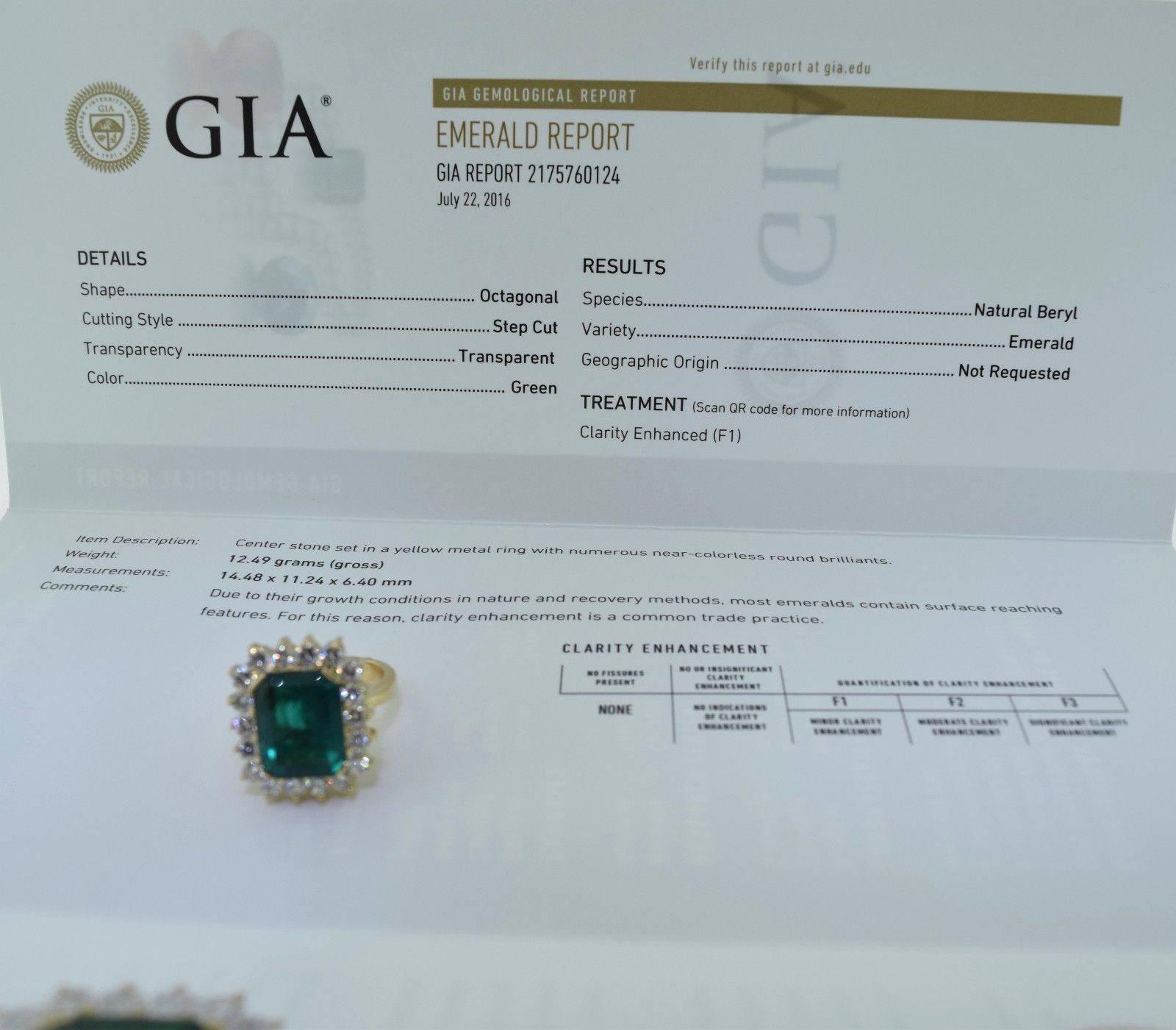 Women's or Men's 8.5 Carat GIA Cert Colombian Emerald Natural Beryl Diamond Gold Ring For Sale