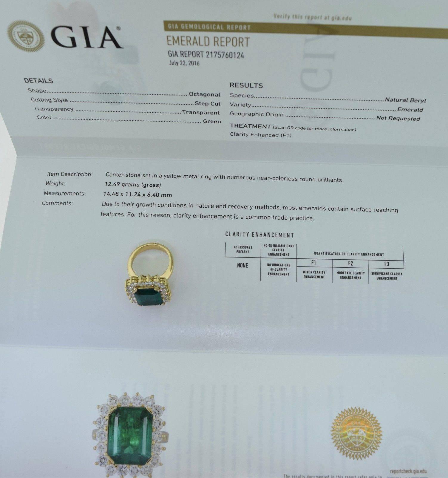 8.5 Carat GIA Cert Colombian Emerald Natural Beryl Diamond Gold Ring For Sale 2
