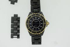 Chanel Yellow Gold Diamond Black Ceramic J12 Quartz Wristwatch