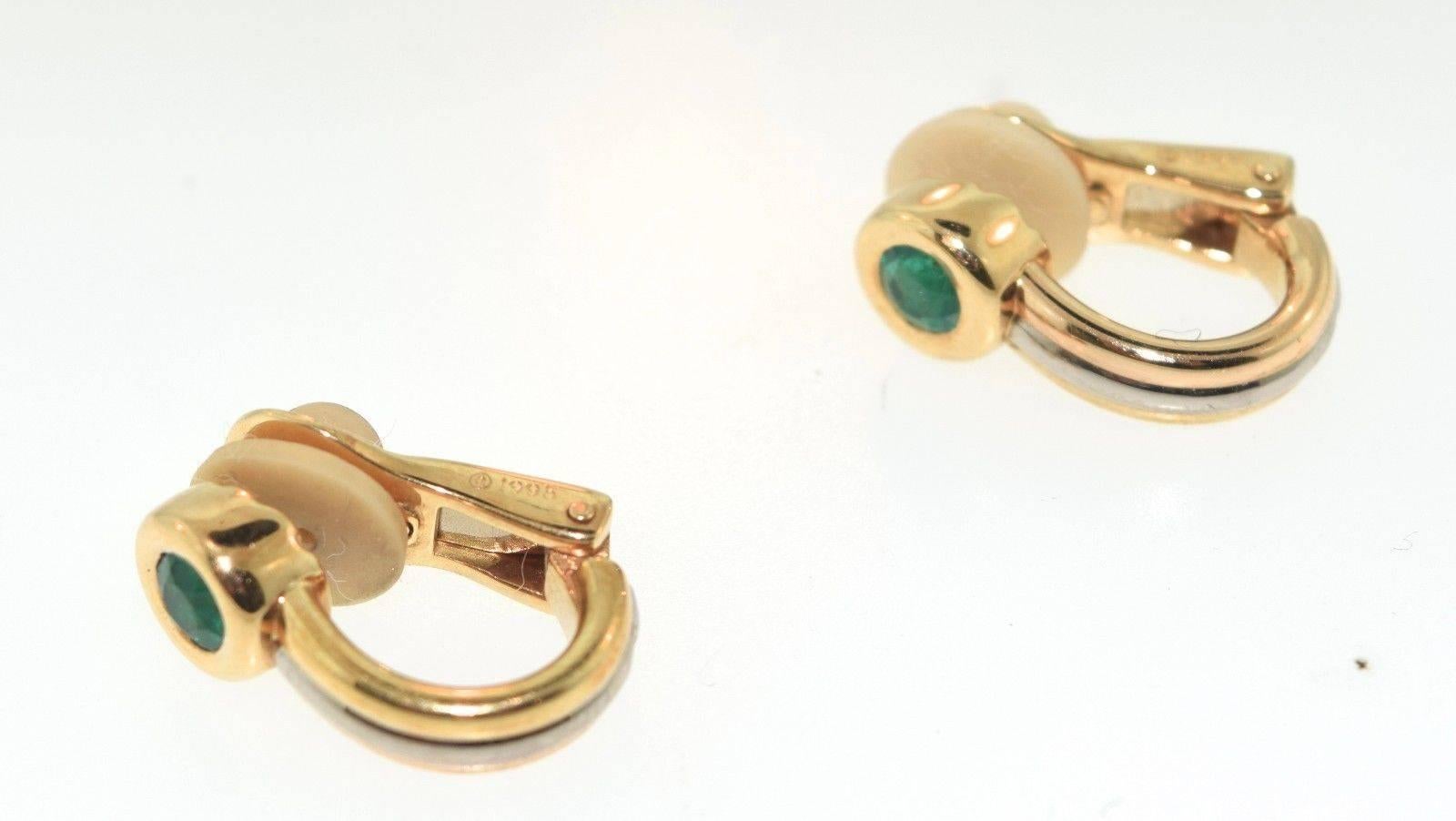 Cartier Emerald Three Color Gold Hoop Earrings  In Excellent Condition For Sale In Miami, FL