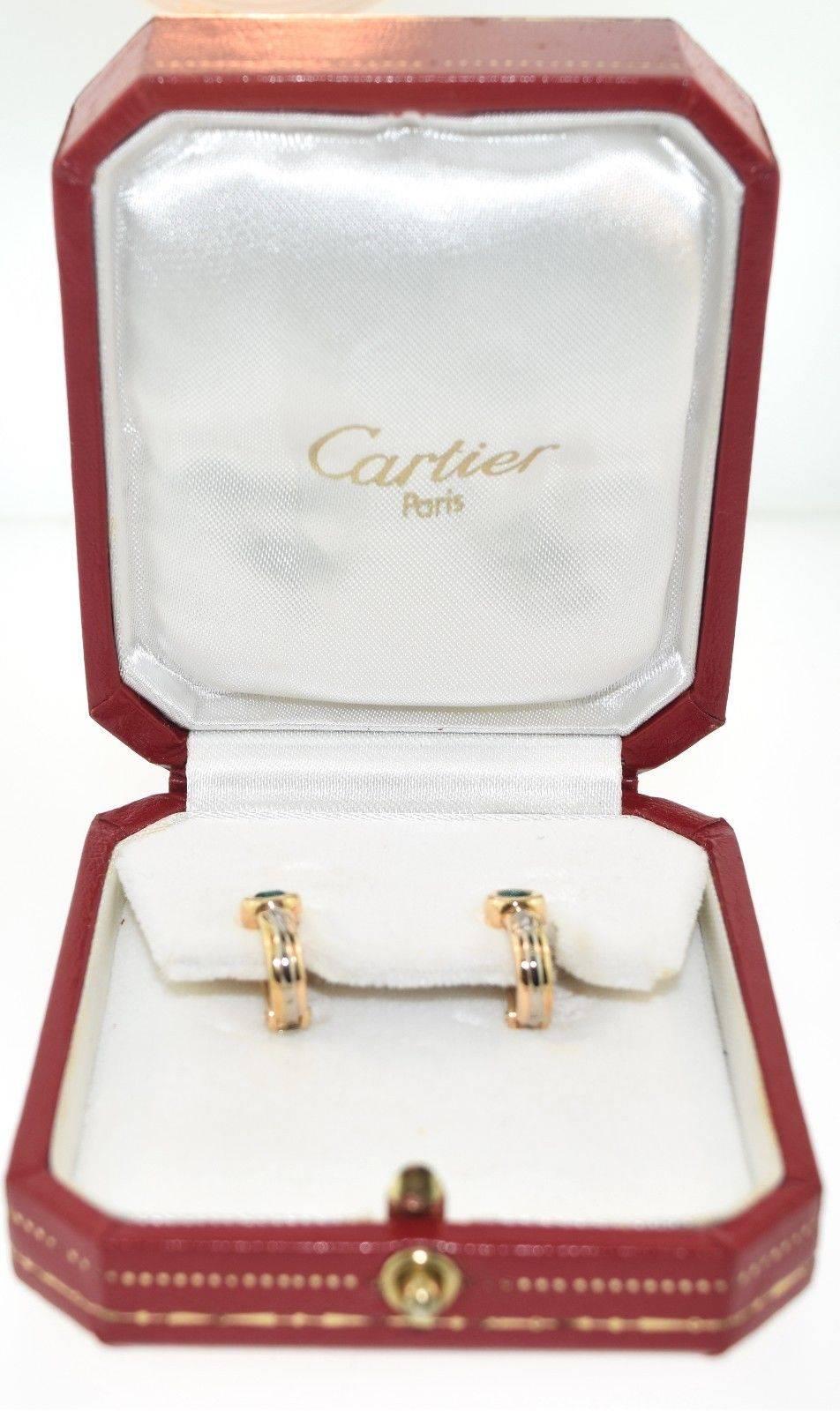 Cartier Emerald Three Color Gold Hoop Earrings  For Sale 4