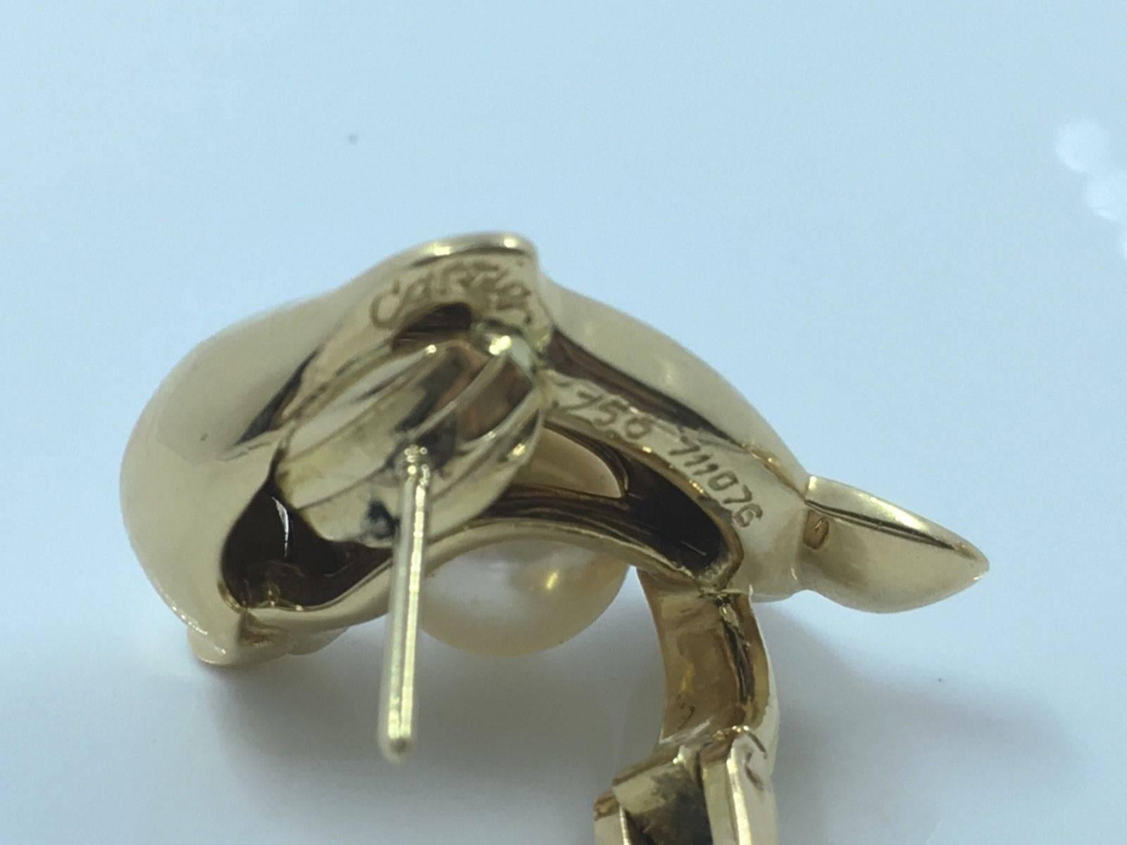 Cartier Pearl Emerald Gold Panther Dolphin Earrings In Excellent Condition For Sale In Miami, FL