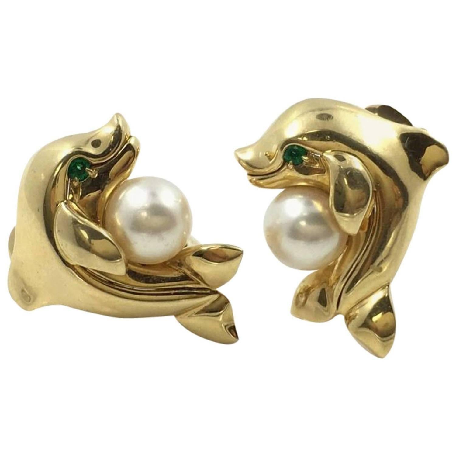 Cartier Pearl Emerald Gold Panther Dolphin Earrings For Sale