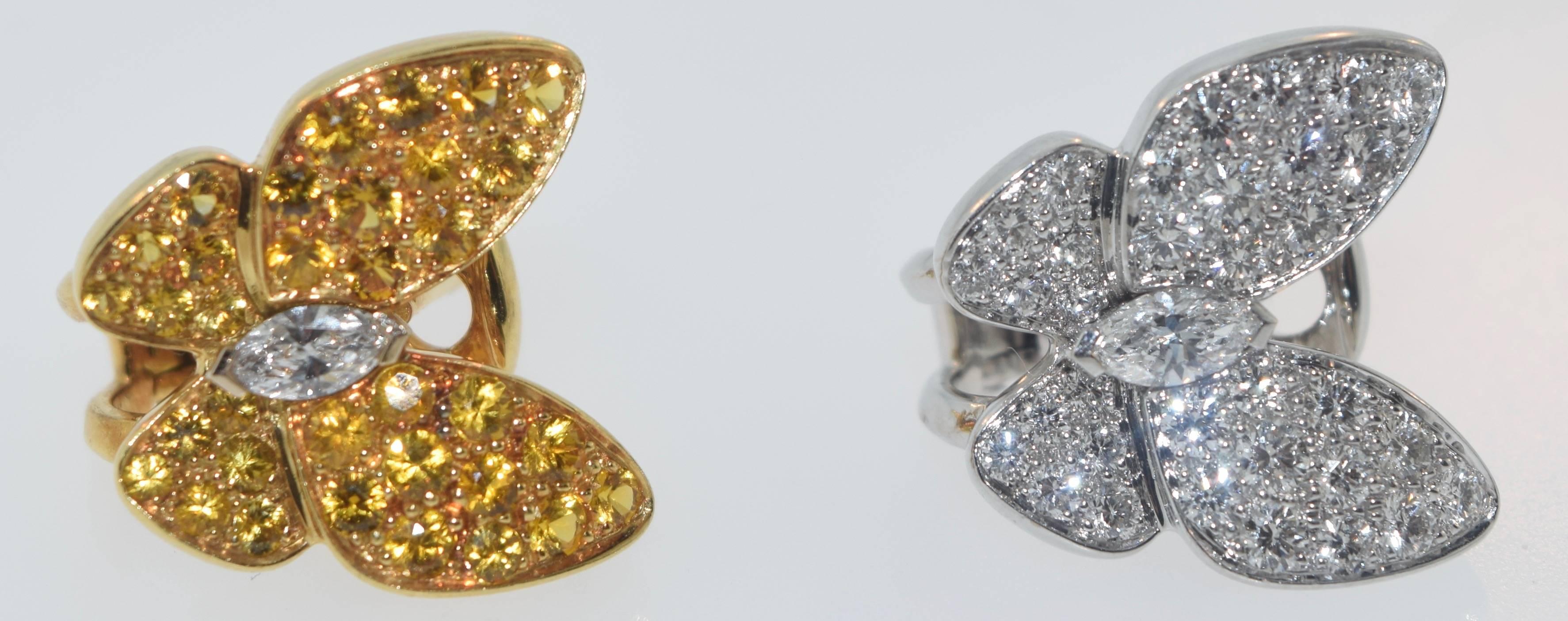 Van Cleef & Arpels Diamond & Yellow Sapphire Butterfly Earrings, Cert & Box For Sale 3