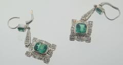 Antique Colombian Emerald Diamond Gold Drop Earrings
