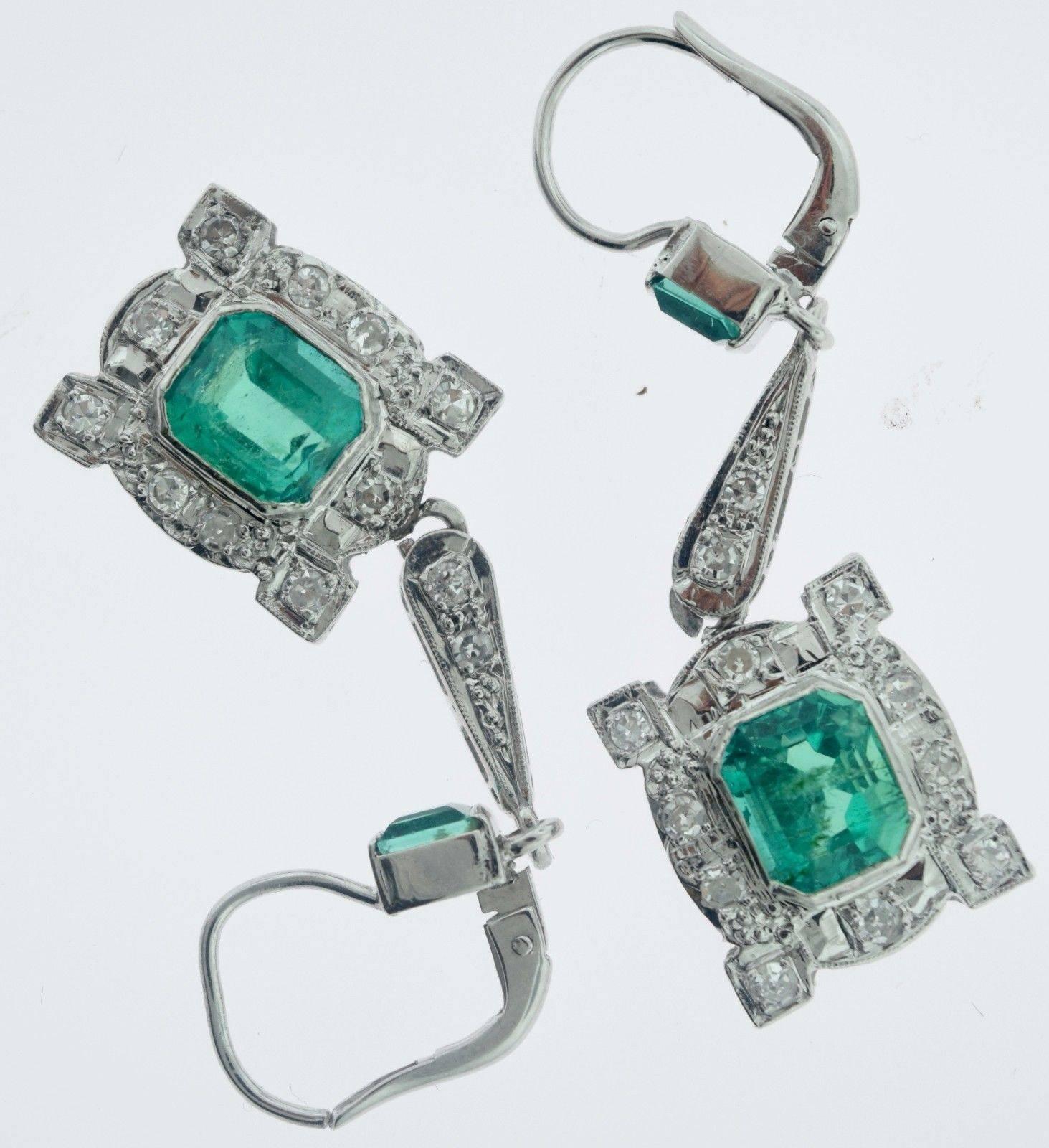 Antique Colombian Emerald Diamond Gold Drop Earrings For Sale 1