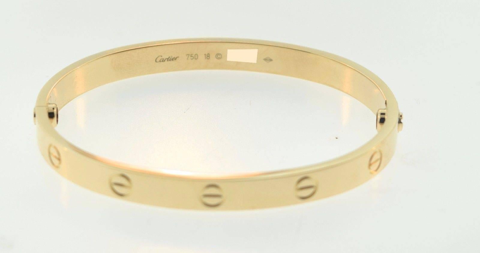 About the Item:
This bracelet is a universal symbol of love and commitment. The LOVE bracelet, created in 1970s New York, has sealed the passionate romances of a host of iconic couples. The LOVE bracelet is a flat bangle studded with screws that