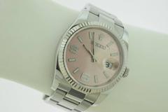Rolex White Gold Stainless Steel Pink Wave Diamond Dial Datejust Wristwatch