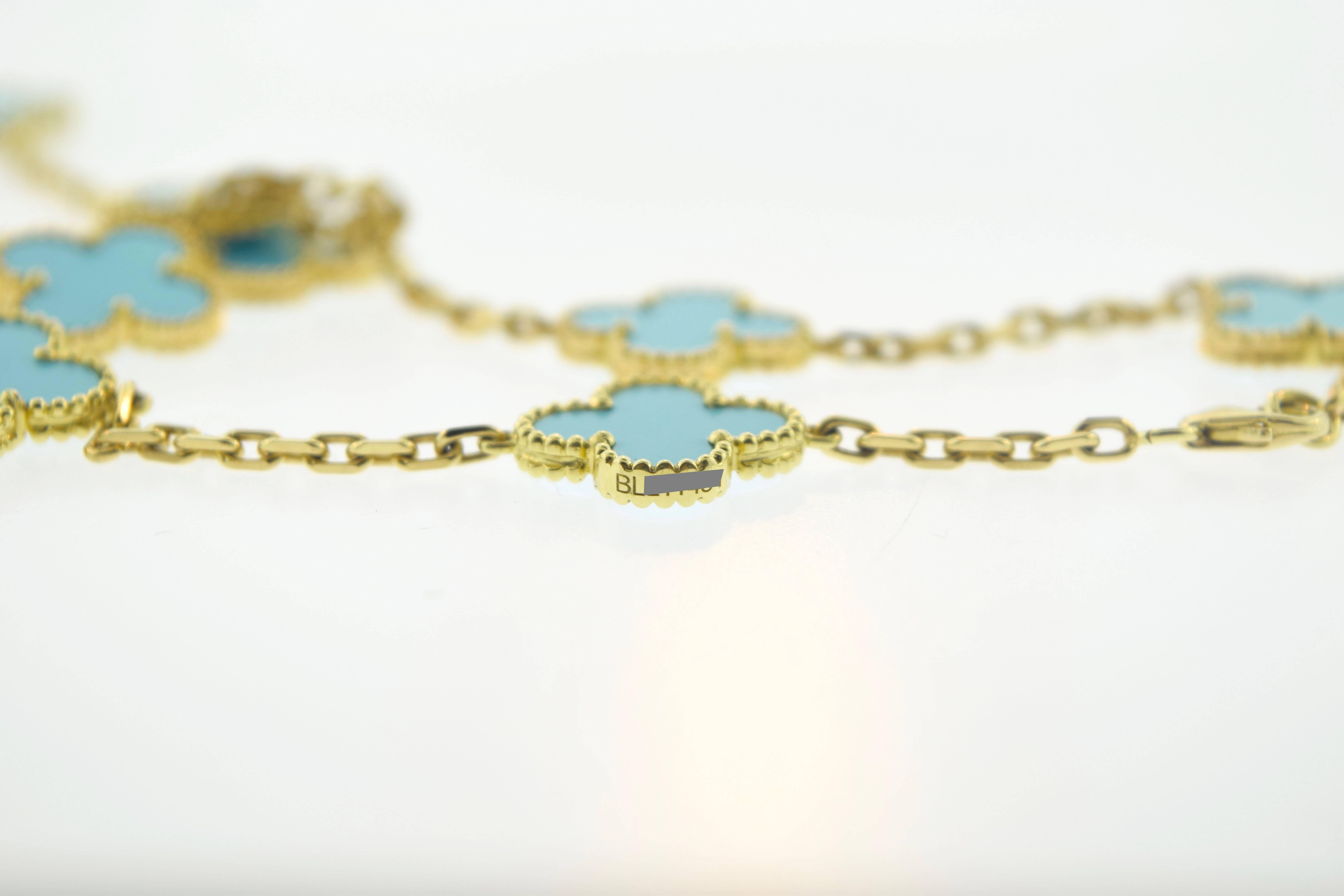 About the Item:
Faithful to the very first Alhambra jewel created in 1968, the Vintage Alhambra creations are distinguished by their unique, timeless elegance.
The Turquoise stones that Van Cleef & Arpels utilizes are very rare to come across;