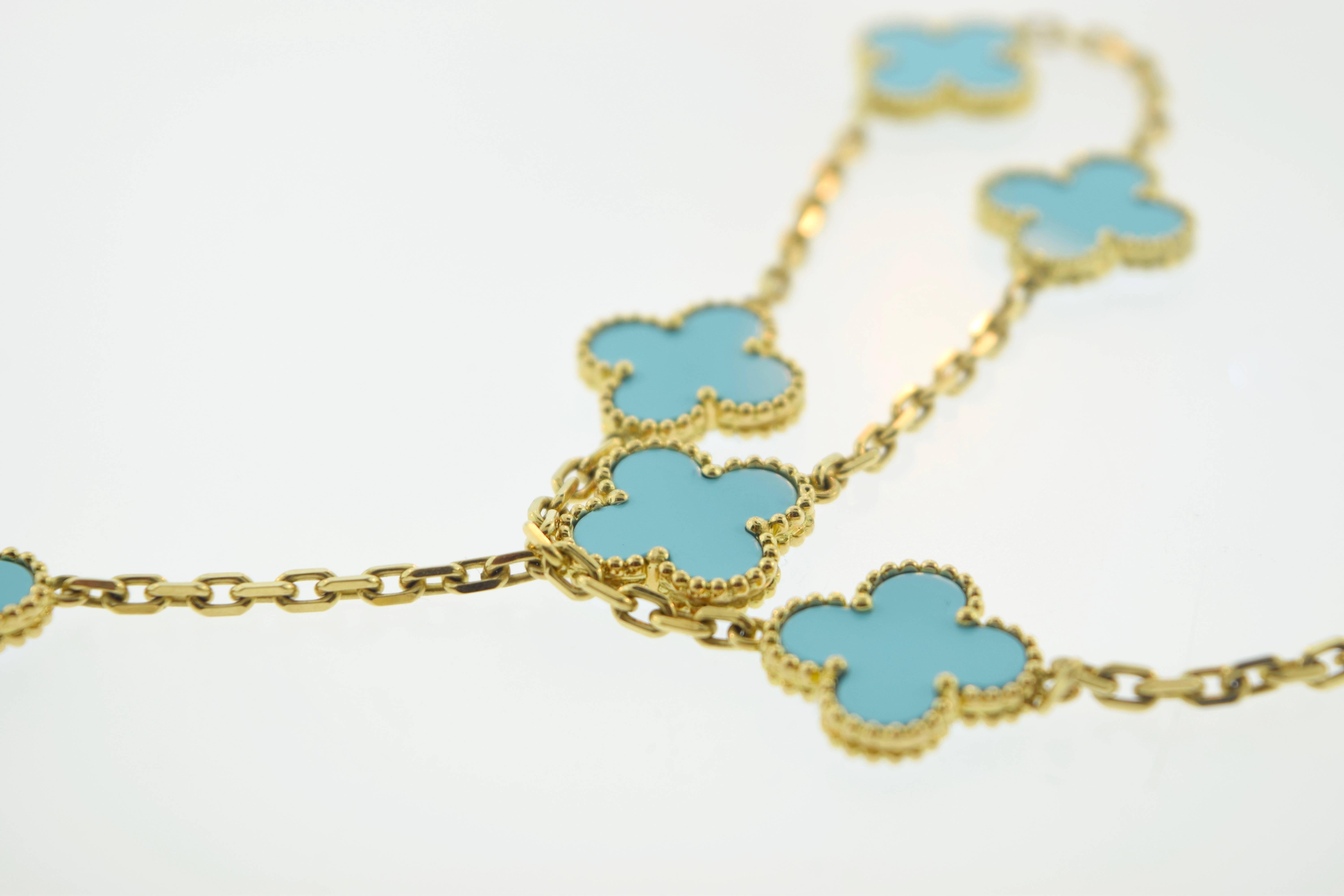 Women's or Men's Van Cleef & Arpels Turquoise Alhambra 10 Motif Necklace For Sale