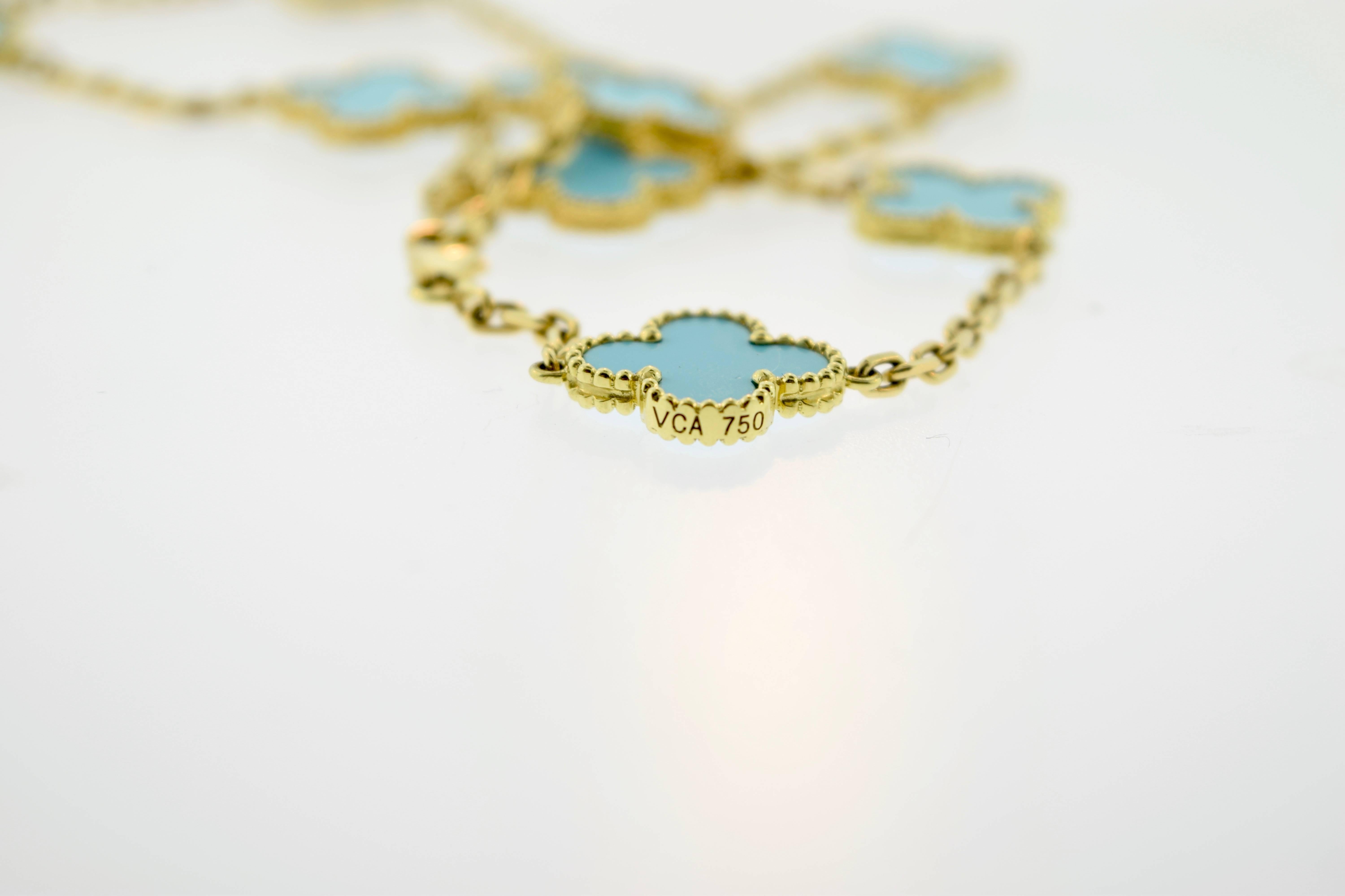 Van Cleef & Arpels Turquoise Alhambra 10 Motif Necklace For Sale 1