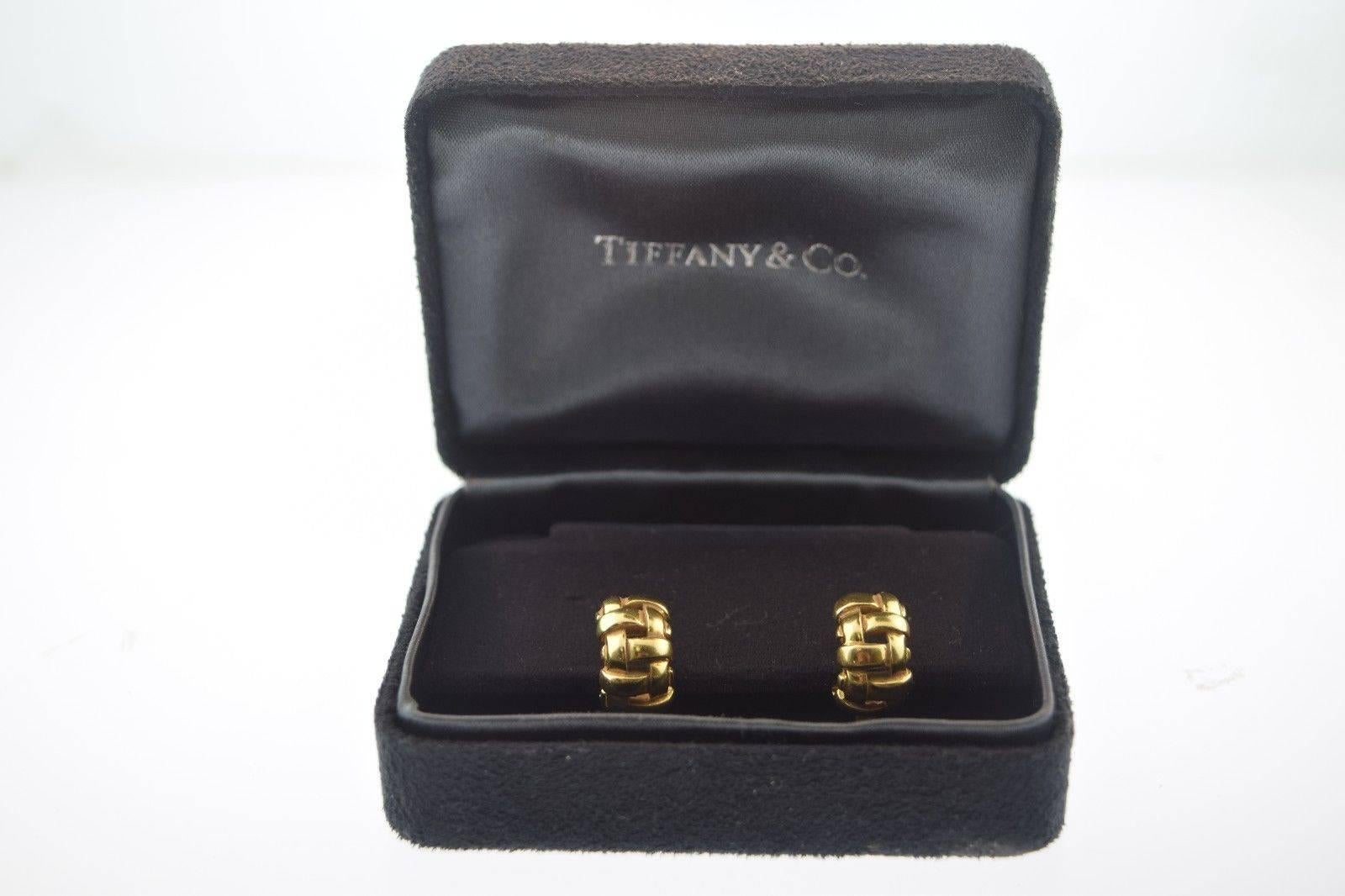 Women's or Men's Tiffany & Co. Vannerie Gold Open Basket Weave Semi Hoop Earrings with Box For Sale