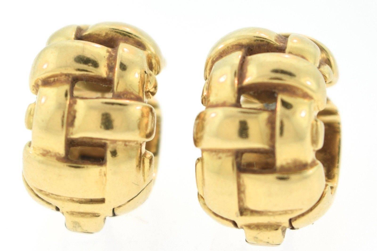 Tiffany & Co. Vannerie Gold Open Basket Weave Semi Hoop Earrings with Box For Sale 3