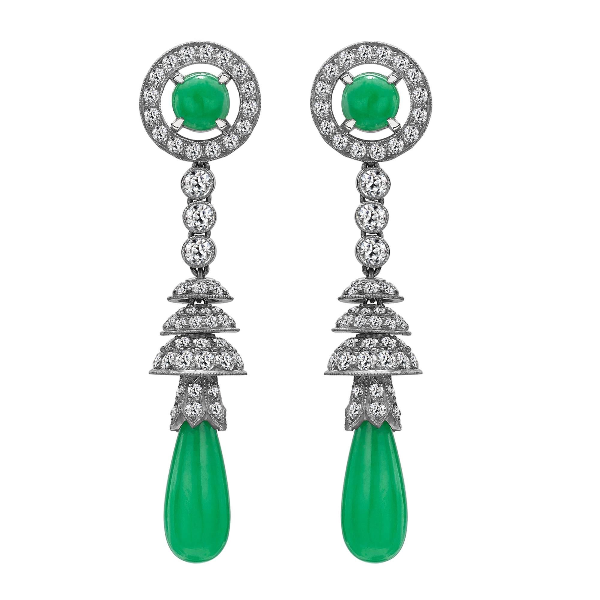 1920s Art Deco Jade Diamond Platinum Drop Earrings For Sale