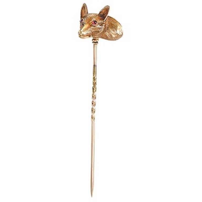 Victorian fine fox head stick pin with glass frame back and ruby cabochon eyes For Sale