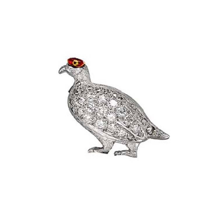 Platinum Enamel Eyed Brilliant Cut Diamond Set Grouse Brooch For Sale