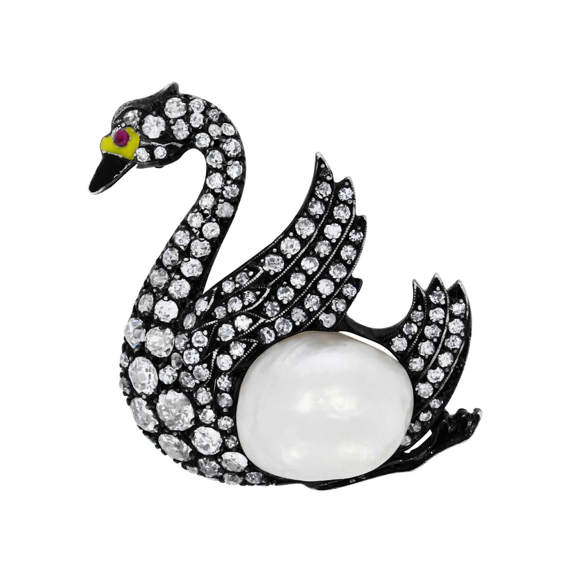 Old Cut Diamond and Natural Pearl Swan Brooch For Sale