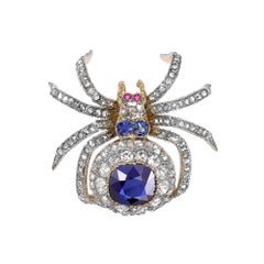 Retro Victorian Sapphire Diamond and Ruby Spider Brooch Cushion Cut Sapphire