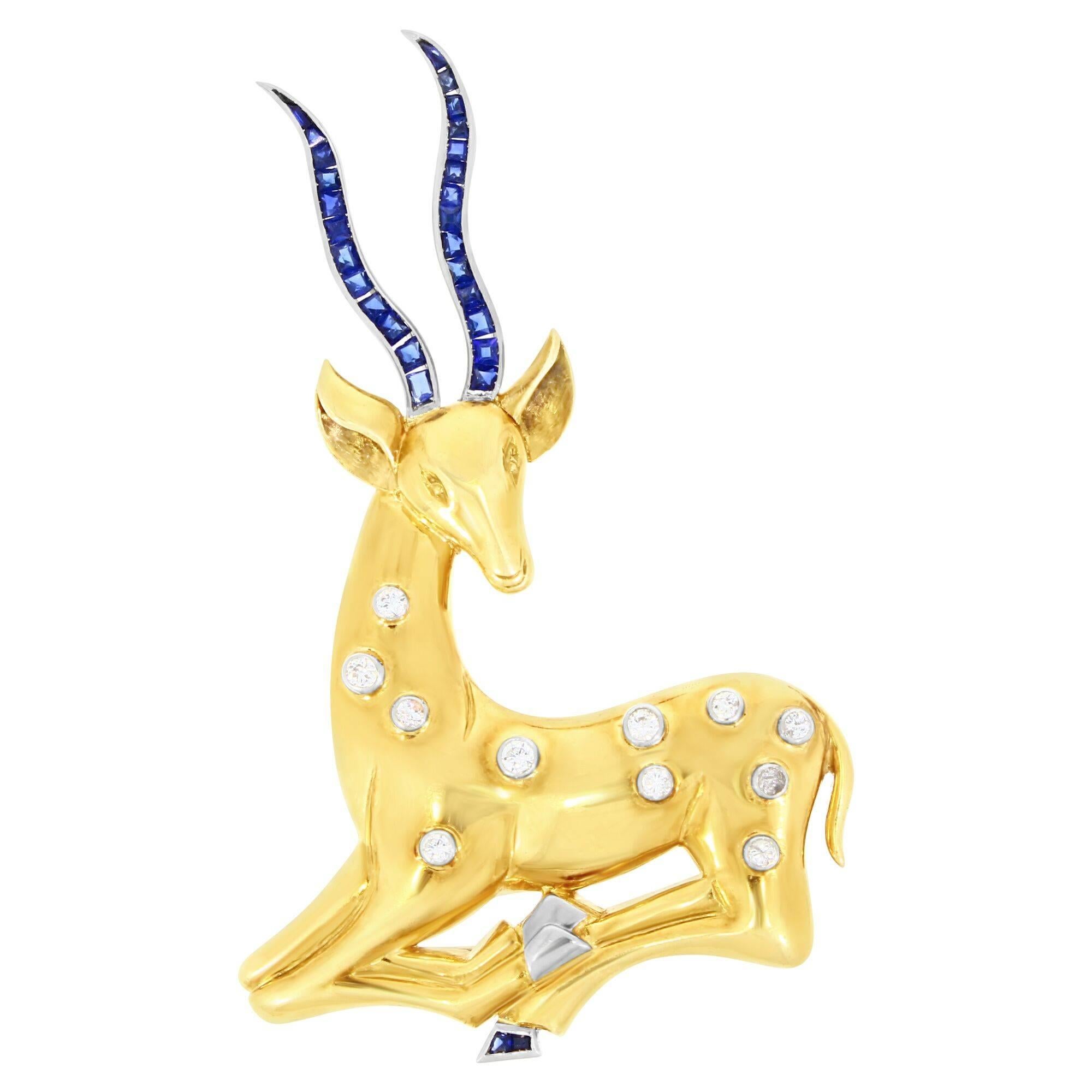 Art Deco Sapphire and Diamond Set Deer Brooch For Sale