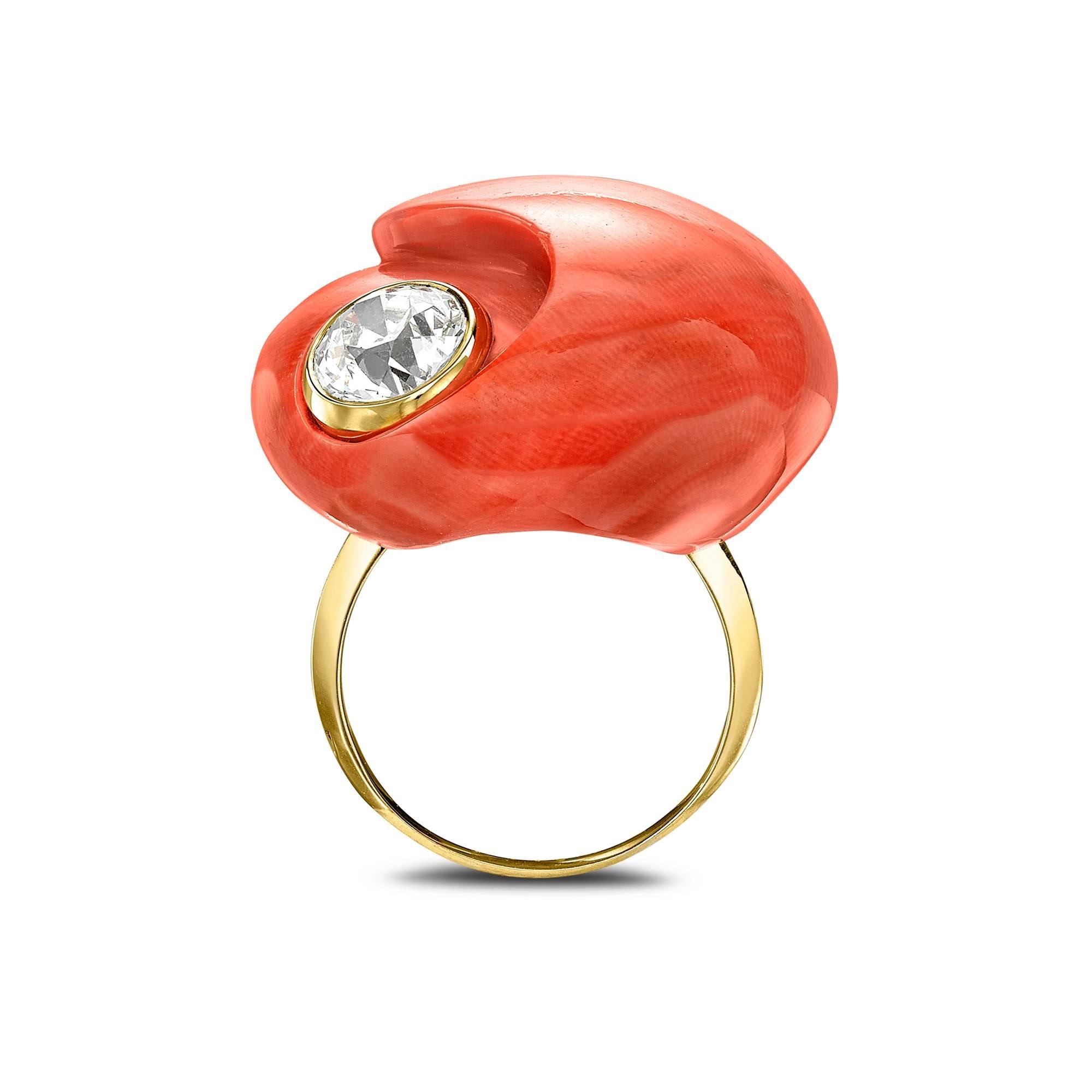 Art Deco Philip Sterle Carved Coral and Old Cut Diamond Ring For Sale