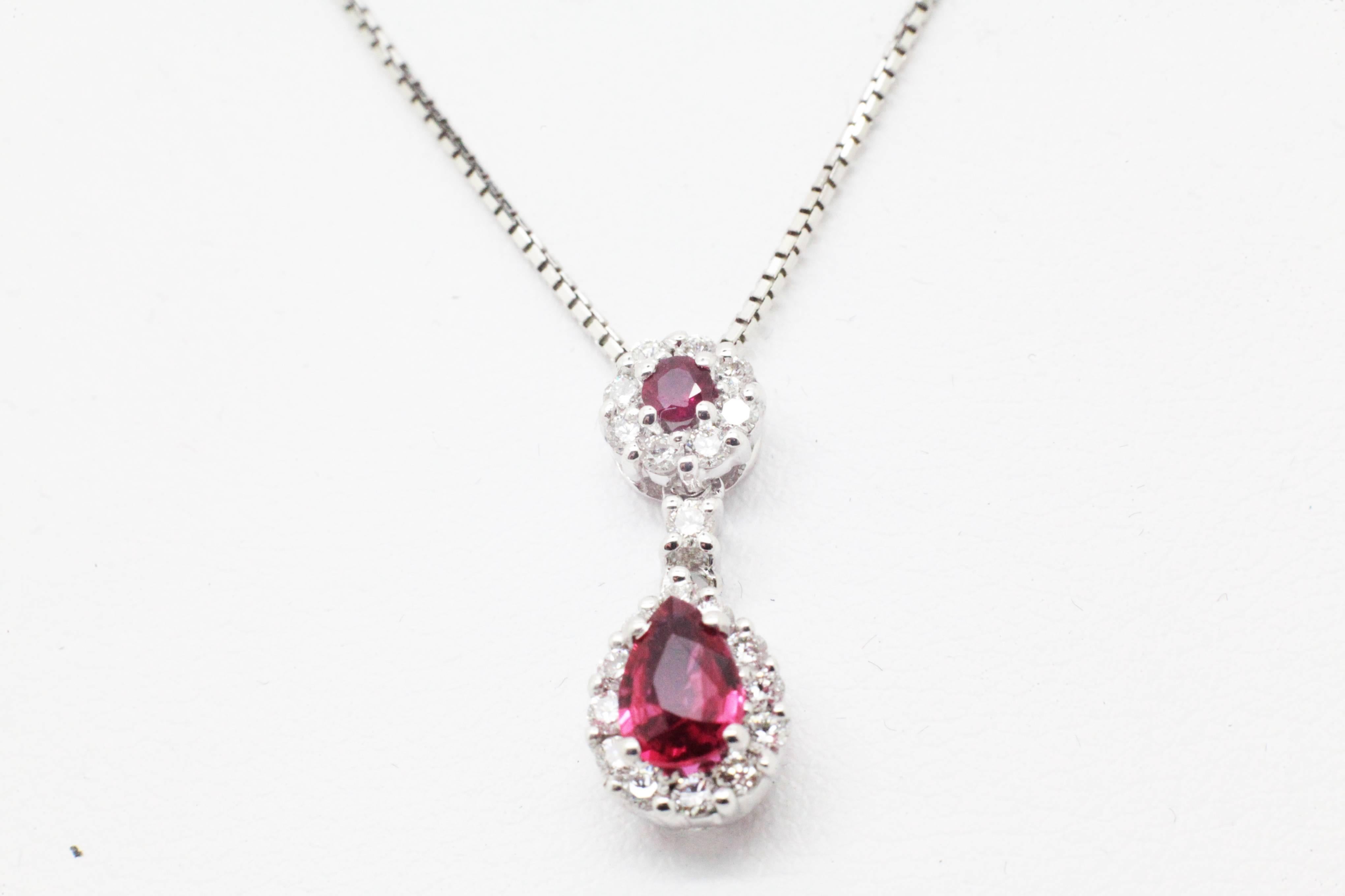 Pear Shape and Round Ruby Diamond white Gold Necklace Pendant   In New Condition In New York, NY