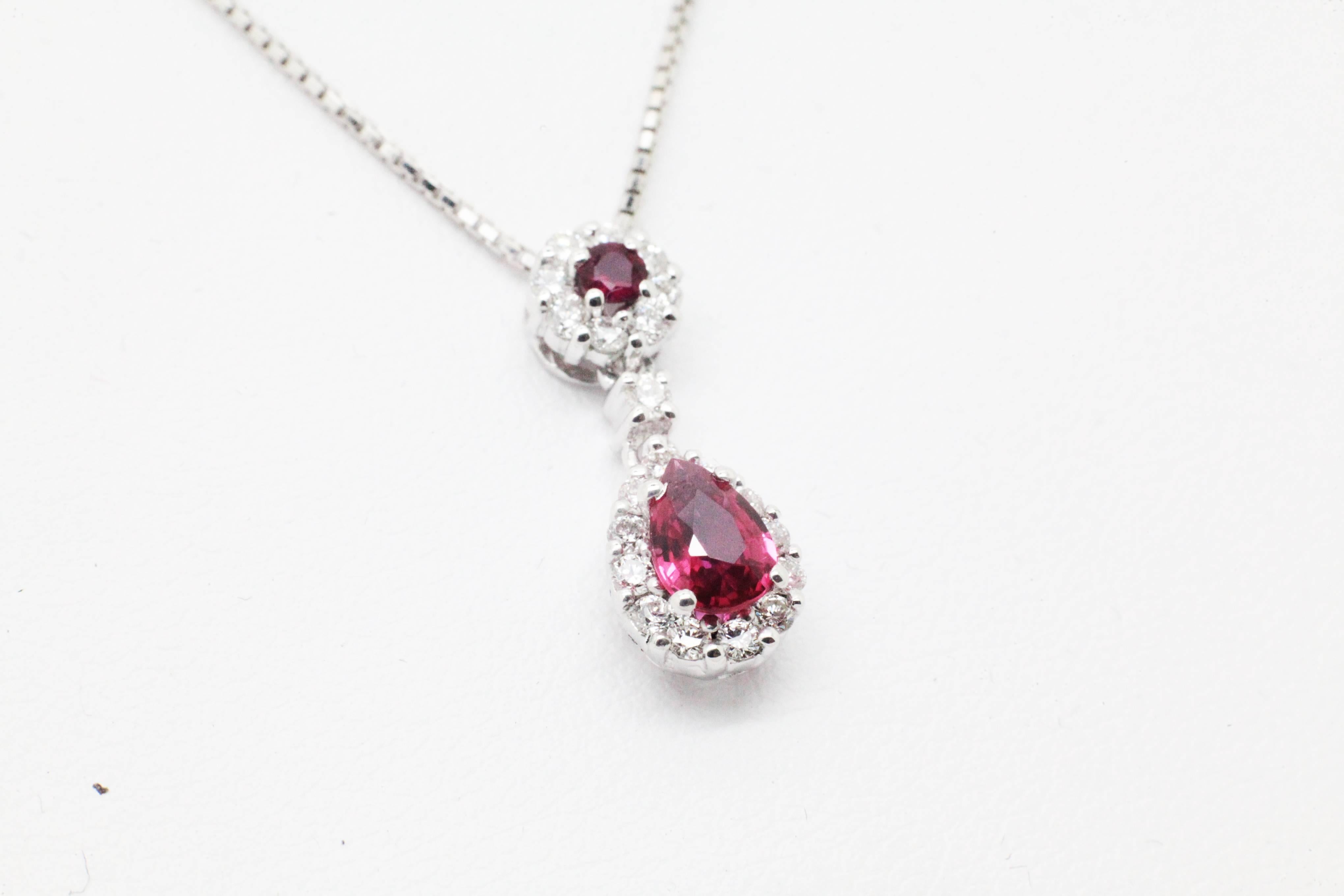 Women's Pear Shape and Round Ruby Diamond white Gold Necklace Pendant  