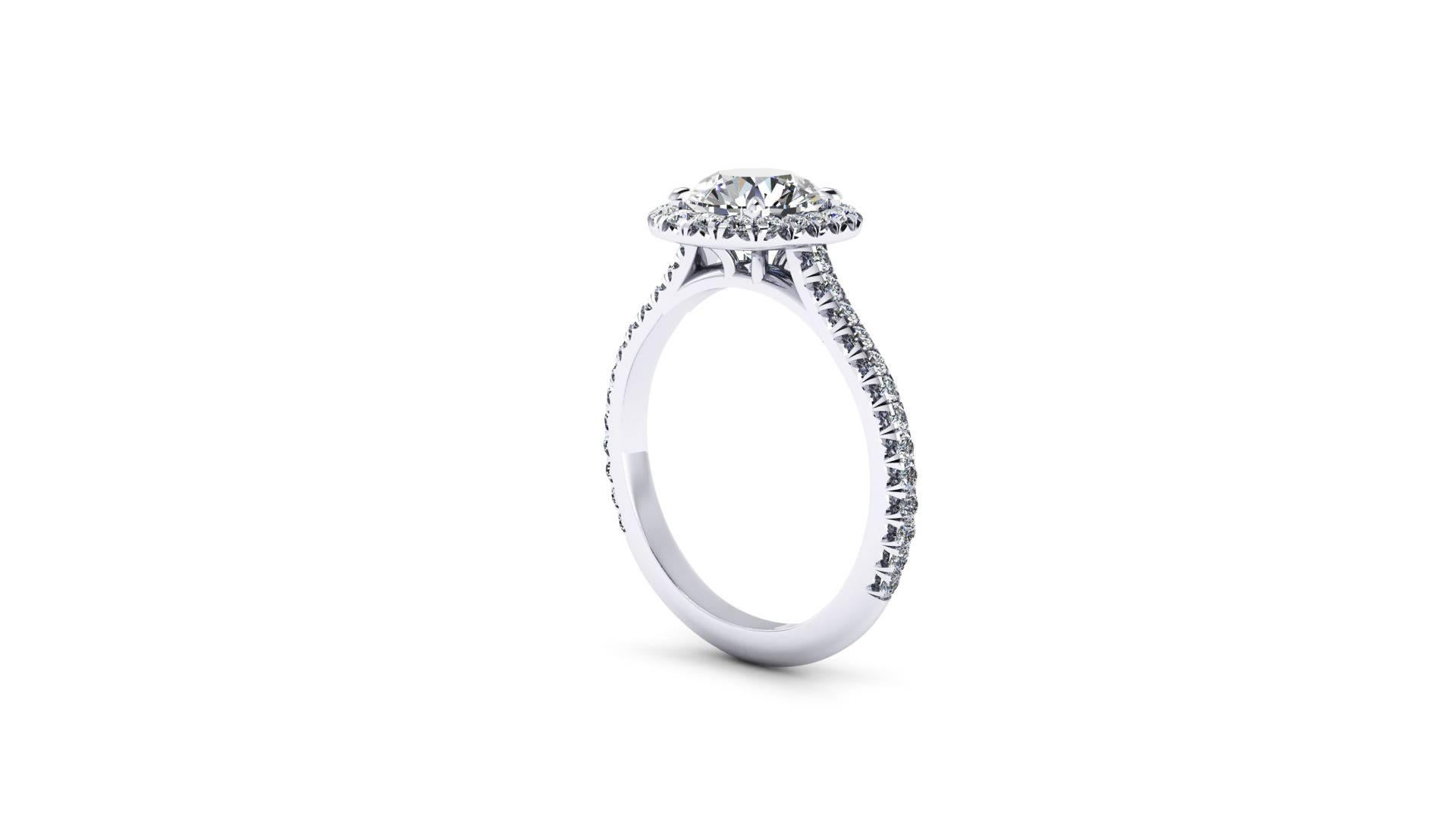 GIA Certified 1.25 Carat Round Diamond H color VVS2 clarity, triple excellent
set in a Diamond Halo ring with diamonds on shank for a total diamond weight of 0.50 carats, Low Setting Style, pret-a-porter, easy to wear, hand made in Platinum in New